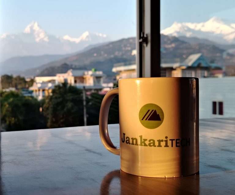 JankariTech coffee mug with view from office